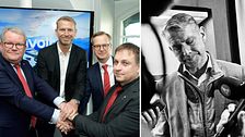 Tvådelad bild. Vänster: fyra män skakar hand. Höger: man i svartvit intervju med mikrofoner.
