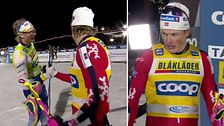 Tvådelad bild. Vänster: skidåkare samtalar. Höger: skidåkare med tävlingsväst i intervjuzon.