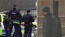 Till vänster poliser utanför Risbergska skolan i Örebro. Till höger polisens bild på Rickard Andersson som togs vid resecentrum i Örebro samma dag som masskjutningen.
