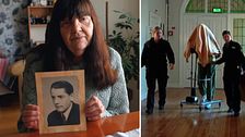 Delad bild. Vänster: kvinna håller porträtt. Höger: två män leder en täckt person på bår.