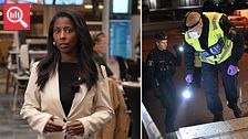 Tvådelad bild. Till vänster SVT:s kriminalreporter Sofia Yohannes som står i ett kontorslandskap och gestikulerar med händerna. Till höger polis som lyser med ficklampa i en trappa efter en skottlossning i Biskopsgården i Göteborg.