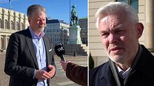 Bild i två sektioner. Vänster: intervju utomhus vid torg. Höger: man utanför byggnad.