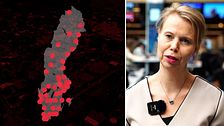Tvådelad bild. Vänster: Sverigekarta med röda markeringar. Höger: Anne lagerctrantz, vd SVT.