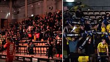 Delad bild. Till vänster: idrottspublik på läktare. Till höger: Visbyfans jublar med halsdukar.