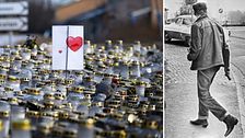 Tvådelad bild. Vänster: Minnesljus och kort med hjärta. Höger: Man går på gatsten med en pistol i handen.