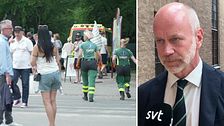 Flera personer och ambulanspersonal efter tumultet och försvararen försvararen Henrik Olsson Lilja.