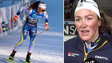 Tvådelad bild. Vänster: skidåkare i aktion. Höger: närbild av skidtävlingskläder.