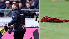 Tvådelad bild. Vänster: tränare på fotbollsplan. Höger: röd tröja ligger på gräset.