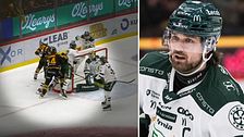 Tvådelad bild. Vänster: Ishockeyspelare vid mål. Höger: Närbild på en spelare i grön tröja.