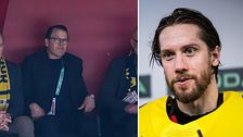Delad bild. Till vänster: personer på läktare med matchhalsdukar. Till höger: fotbollsspelare.