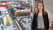 En drönarbild över ett bostadsområde med lägenheter och docenten Madeleine Eriksson.