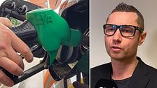 Tvådelad bild. Till vänster: hand håller i grön bensinpump.