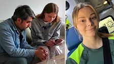 Tvådelad bild. Till höger: Sjuksköterskan Linn Gustafsson  sitter i en ambulans. Till vänster sitter hon i vardagskläder och visar något på sin skärm för en reporter.