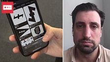 Delad bild. Till vänster: hand håller mobil med svartvita symboler. Till höger: person inomhus.