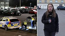 Delad bild. Till vänster: polis arbetar vid patrullbil på parkering. Till höger: reporter med mikrofon.