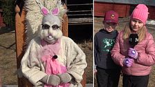 Tvådelad bild. Vänster: Person i påskkostym. Höger: Barn i utekläder.