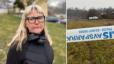 Tvådelad bild. Vänster: kvinna med glasögon utomhus. Höger: avspärrat fält med polisens band.