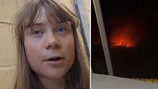 Delad bild. Till vänster syns en kvinna med långt brunt hår framför en vägg. Till höger en brand i mörker.