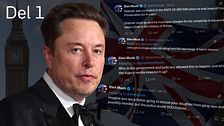 Tvådelad bild. Vänster: Big Ben. Höger: Elon Musks tweets mot brittiska flaggor.
