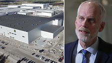 Drönarbild på Northvolt samt bild på konkursförvaltaren Mikael Kubu iklädd vit skjorta och mörkblå kavaj.