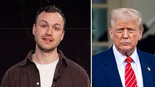 Delad bild. Till vänster: person i mörk skjorta. Till höger: Donald Trump i kostym och röd slips utomhus.