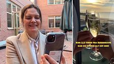 Tvådelad bild. Vänster: Person håller mobil utomhus. Höger: Glas champagne vid fönster med utsikt.