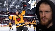 Delad bild. Till vänster: Luleå-hockeyspelare firar mål inför hemmapublik.