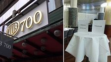Tvådelad bild. Vänster: Entréskylt ”Club 700”. Höger: Dukat bord med skyltar där det står  ”arabiska”, ”somaliska” och ”tolkar”.