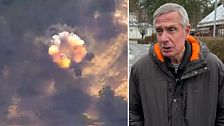Till vänster: en explosion vid en ukrainsk attack mot ryska soldater. Till höger: militäranalytikern Jörgen Elfving.