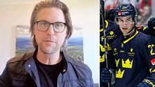 Delad bild. Vänster: person i vardagsrum. Höger: ishockeyspelare i Tre Kronor-tröja på isen.