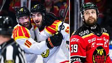 Delad bild. Till vänster: ishockeyspelare i vitt firar mål. Till höger: Luleåspelare i röd matchtröja.