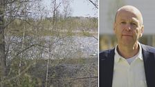 Delad bild. Till vänster: sjö bakom vårträd. Till höger: person i kostym och skjorta utomhus.