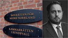 Bildsplitt. Skyltar och en porträttbild på en advokat.
