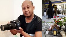 Till vänster är det en person som håller i en kamera som dog i en skjutning i Farsta. Till höger är det blommor och ljus från platsen.