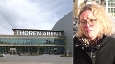 Delad bild. Idrottsanläggningen Thoren Arenas glasfasad och kommunpolitikern Janet Ågren som ser bedrövad ut.