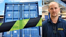 Tvåbild: Container från MSB och porträtt på räddningschef  Mattias Hagelin