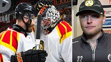 Delad bild. Till vänster: två ishockeyspelare, den ena är målvakt. Till höger: person i tränarjacka.