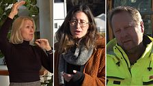 Tredelad bild. Vänster: Person gestikulerar vid en växt. Mitten: Person i vinterkläder utomhus. Höger: Person i gul jacka.