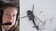 Delad bild. Till vänster: person med headset. Till höger: helikopter i snötäckt landskap.