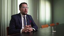 Synkbild på Jimmie Åkesson i intervju med SVT. Åkesson är klädd i kostym och sitter med händerna knäppta vid ett stort bord i ett konferensrum med fördragna garginer i dovt ljus.