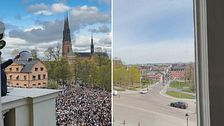 Delad bild. Till vänster: studentmössa över folkmassa i Uppsala. Till höger: tomt torg.