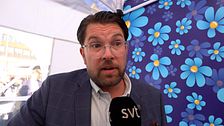 Jimmie Åkesson mot blå vägg i intervju efter Kalla faktas granskning.