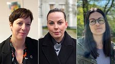 Tredelad bild på  Centerpartiets gruppledare i Karlshamn, Sofie Ekenberg, Socialdemokraternas gruppledare Ida Lapell och Miljöpartiets gruppledare Charlott Lorentzen.