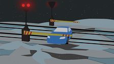 En grafisk illustration med en bil som fastnar i en plankorsning när järnvägsbommarna fälls
