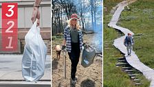 Plastpåse, Ebba Busch i sin trädgård, man som vandrar i svenska fjällen