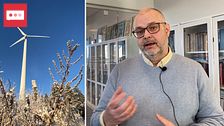 Tvådelad bild. Vänster: vindkraftverk mot blå himmel. Höger: person med mikrofon talar inomhus.