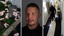 Bild på kontanter på marken. Bild på polisens insatsledare Niclas Lundström. Bild på en man inne i en hotellkorridor från en övervakningskamera.