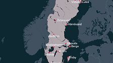 Karta över Sverige med markeringar där de 17 militärbaserna finns.