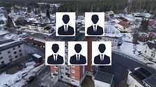 Drönarbild över Nordmaling och fem manliga silhuetter