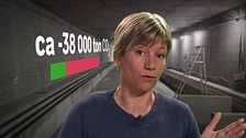 En bild på SVT:s reporter Anna Adersjö som står framför en greenscreen där det står ”cirka -38 000 ton CO2”